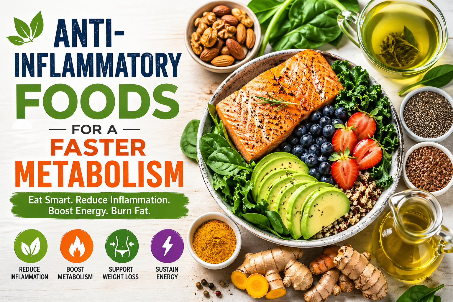 Anti-inflammatory foods including salmon, avocado, berries, leafy greens, nuts, turmeric, and green tea that support metabolism and reduce inflammation