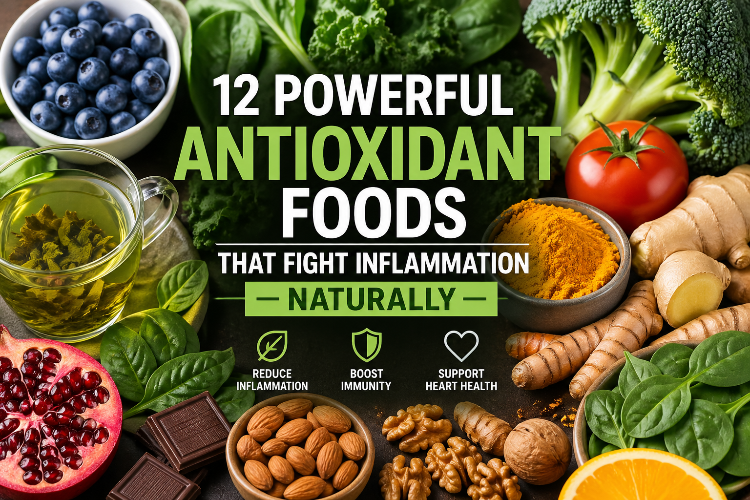 A variety of anti-inflammatory foods including salmon, berries, avocado, olive oil, turmeric, leafy greens, and nuts arranged on a healthy diet table.