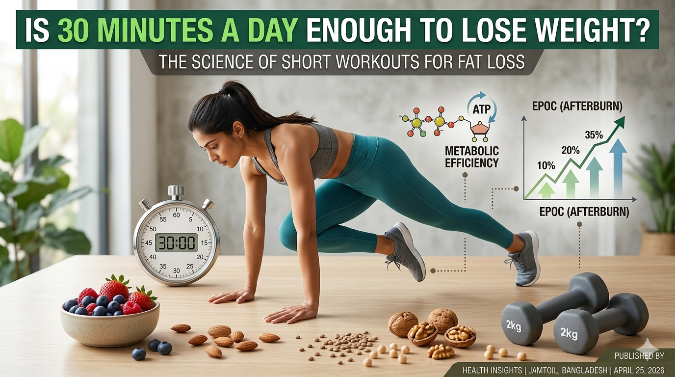 An infographic showing a woman performing mountain climbers next to a 30-minute timer. The image includes a scientific graph of the EPOC afterburn effect, an ATP molecule illustration for metabolic efficiency, and healthy foods like nuts, berries, and lentils on a wooden surface.