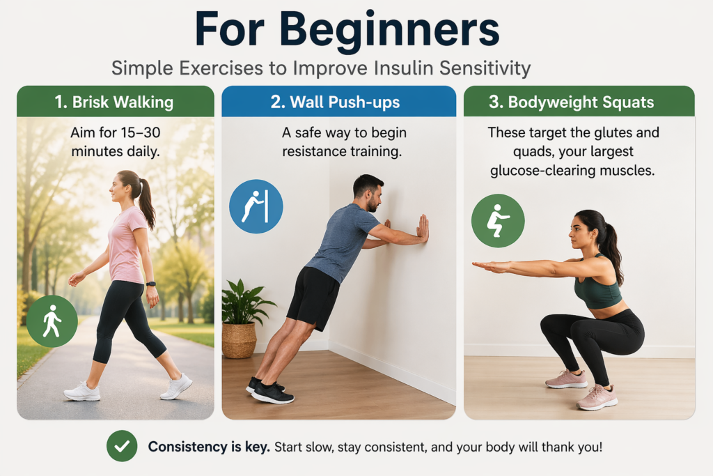 Beginner exercises for insulin resistance including brisk walking, wall push-ups, and bodyweight squats