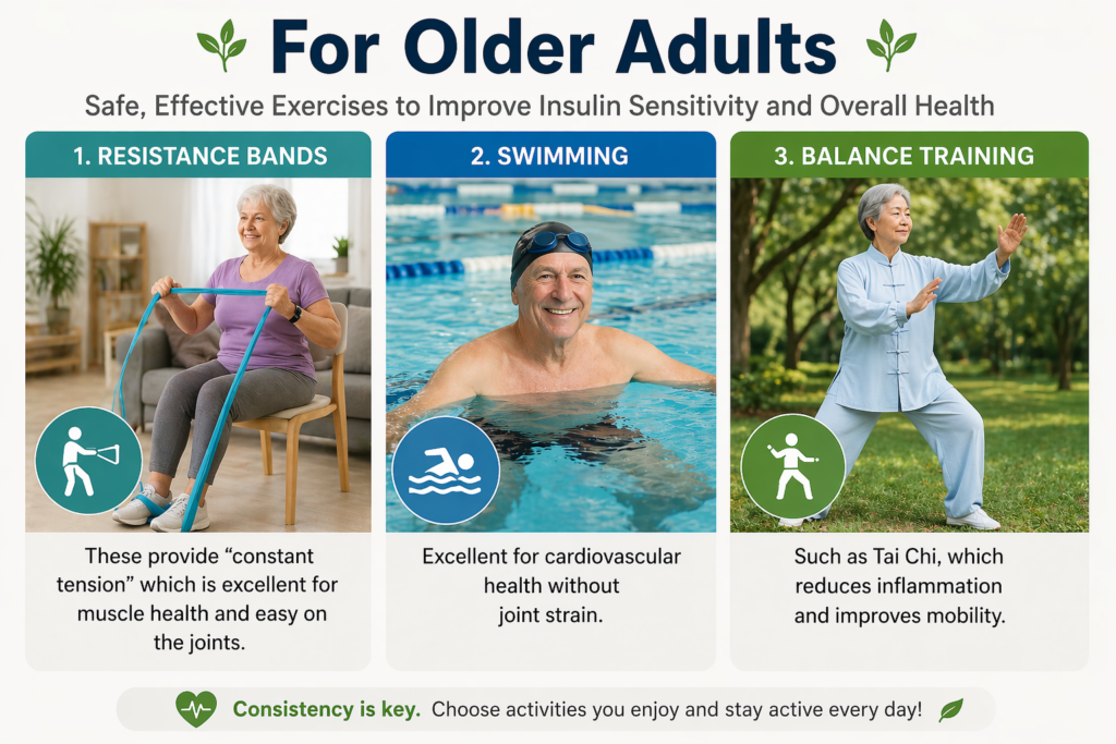 Exercises for older adults including resistance bands, swimming, and balance training to improve insulin sensitivity
