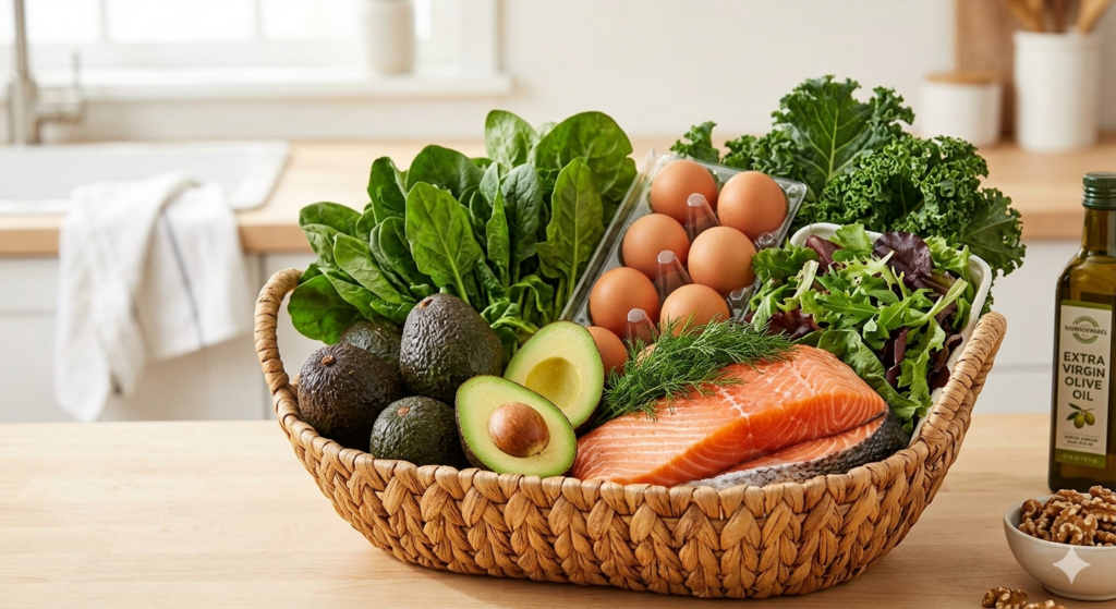 A vibrant keto grocery basket filled with avocados, salmon, eggs, and leafy greens