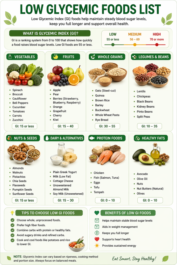 Low glycemic foods chart for insulin resistance diet.