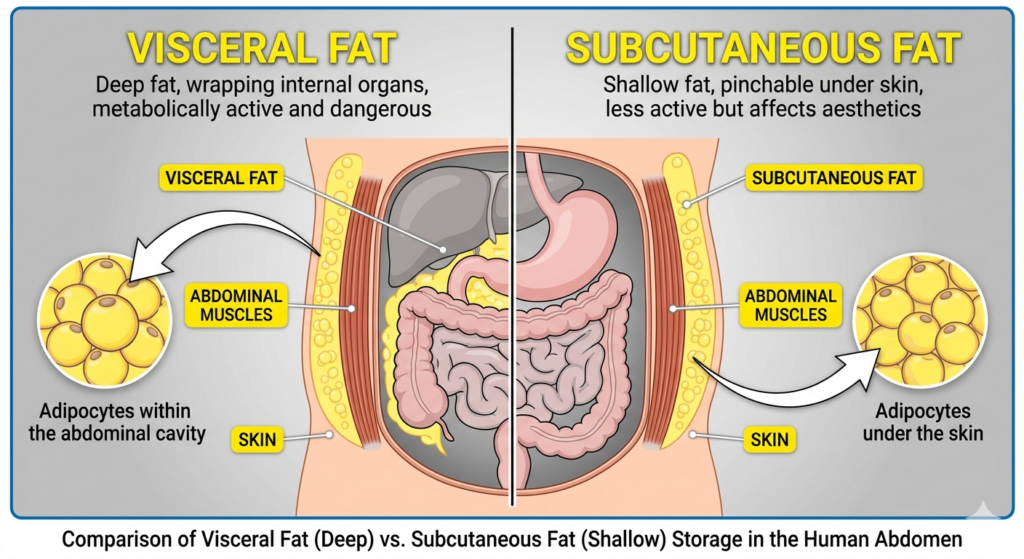 A clinical diagram showing the difference between visceral fat surrounding internal organs and subcutaneous fat under the skin.