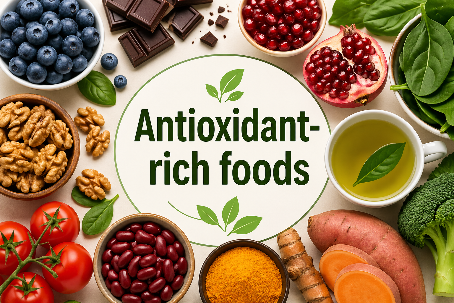 Antioxidant-rich foods including blueberries, dark chocolate, spinach, walnuts, tomatoes, green tea, turmeric, pomegranate, broccoli, red beans, and sweet potatoes