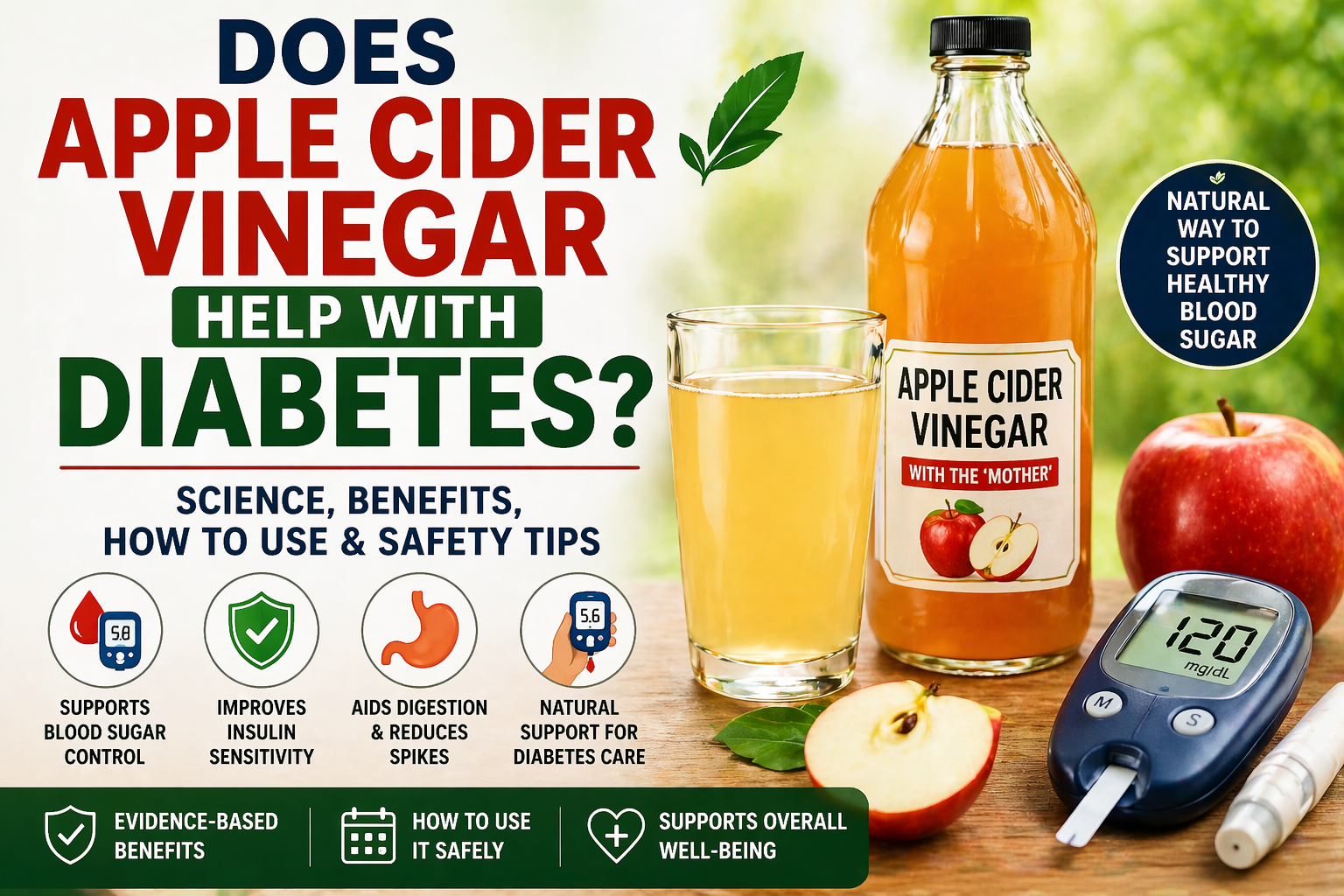Infographic on apple cider vinegar for diabetes—highlighting blood sugar support, insulin sensitivity, and safety tips.