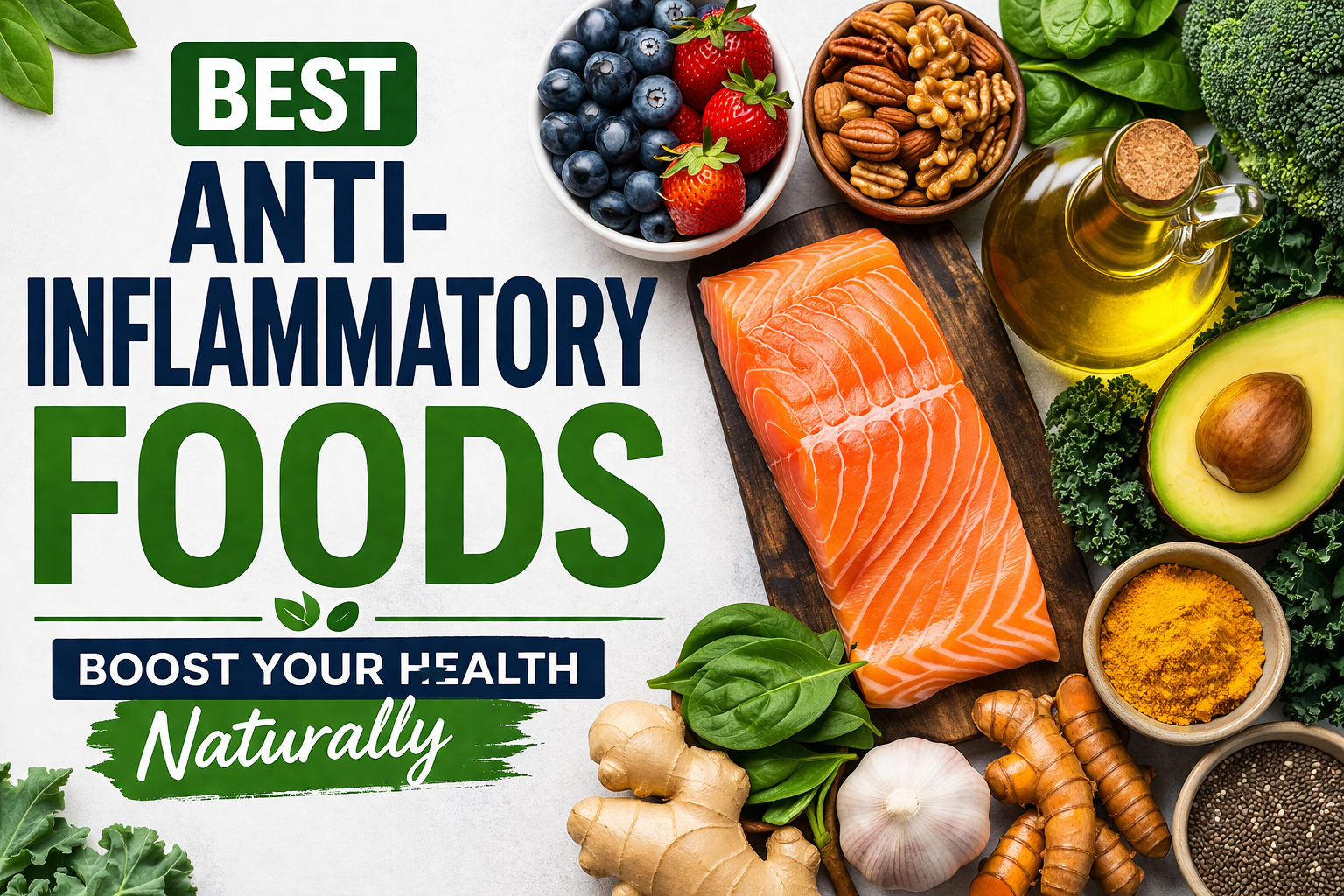 Variety of anti-inflammatory foods including berries, salmon, turmeric, leafy greens, nuts, and olive oil for natural health benefits