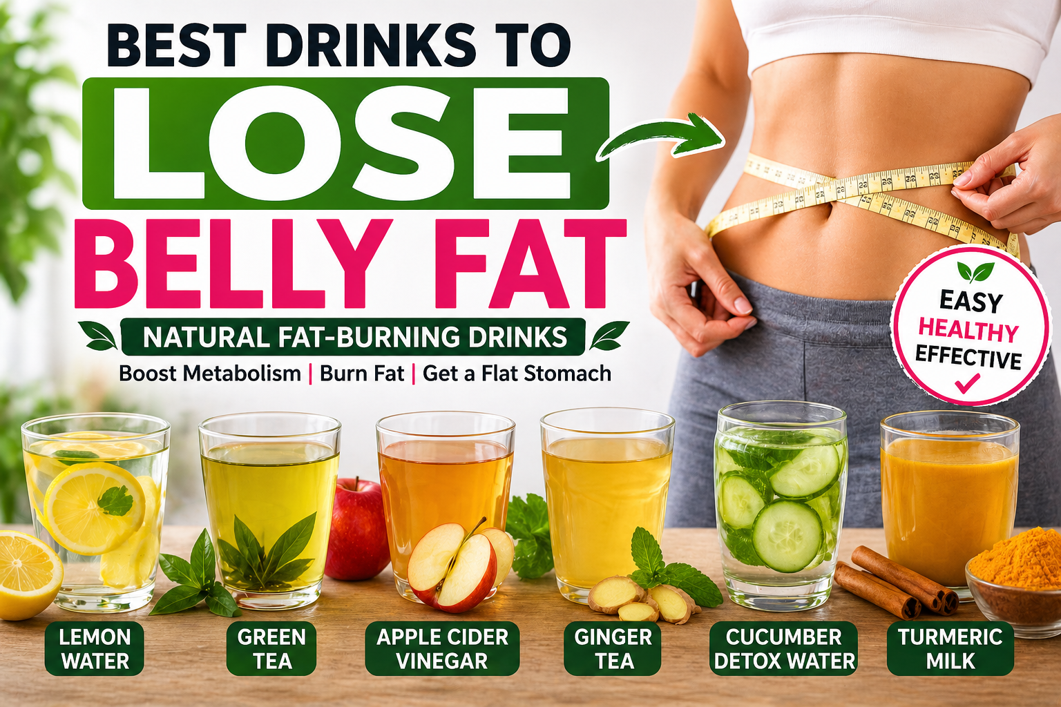 Collection of natural fat-burning drinks like lemon water, green tea, apple cider vinegar, and cucumber detox water for losing belly fat