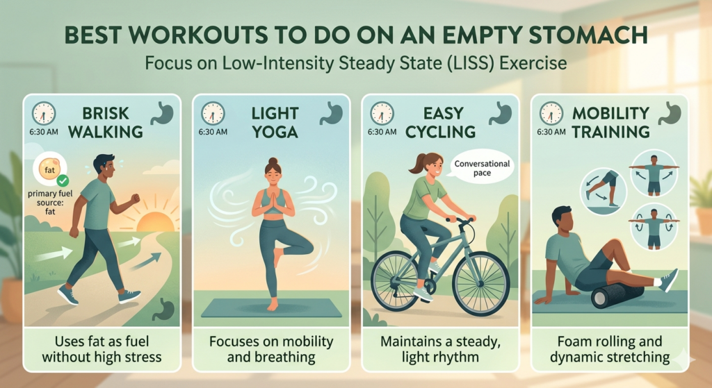 An infographic titled "Best Workouts to Do on an Empty Stomach" featuring four panels: Brisk Walking (uses fat as fuel), Light Yoga (focuses on mobility), Easy Cycling (steady conversational pace), and Mobility Training (foam rolling and stretching). Each panel includes a person exercising at 6:30 AM with a small stomach icon indicating a fasted state.