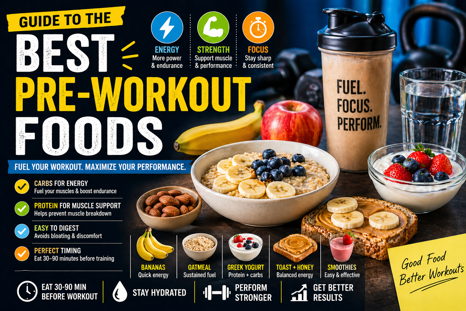 A variety of healthy pre-workout foods including bananas, oatmeal, eggs, yogurt, nuts, and whole grains arranged on a table for fitness nutrition