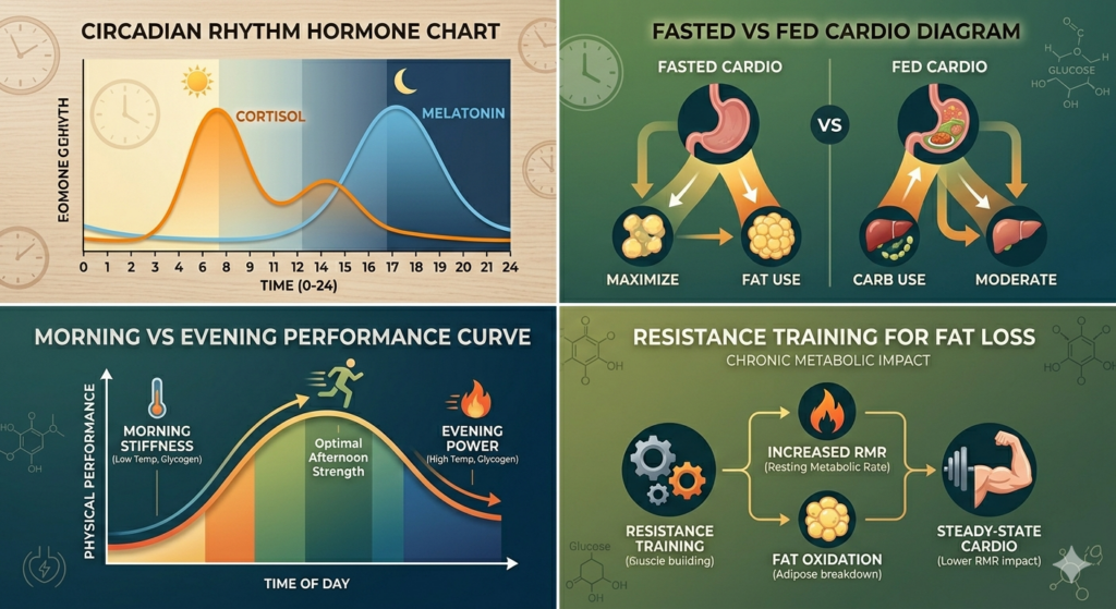best time to exercise circadian rhythm
morning vs evening workout performance
fasted cardio fat oxidation chart
