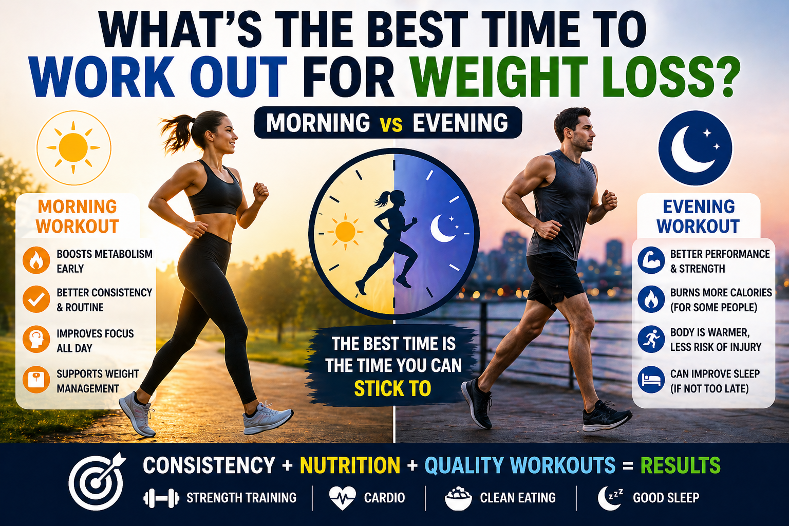 Morning workout versus evening workout comparison showing the best time to exercise for weight loss, fat burning, and consistent fitness results