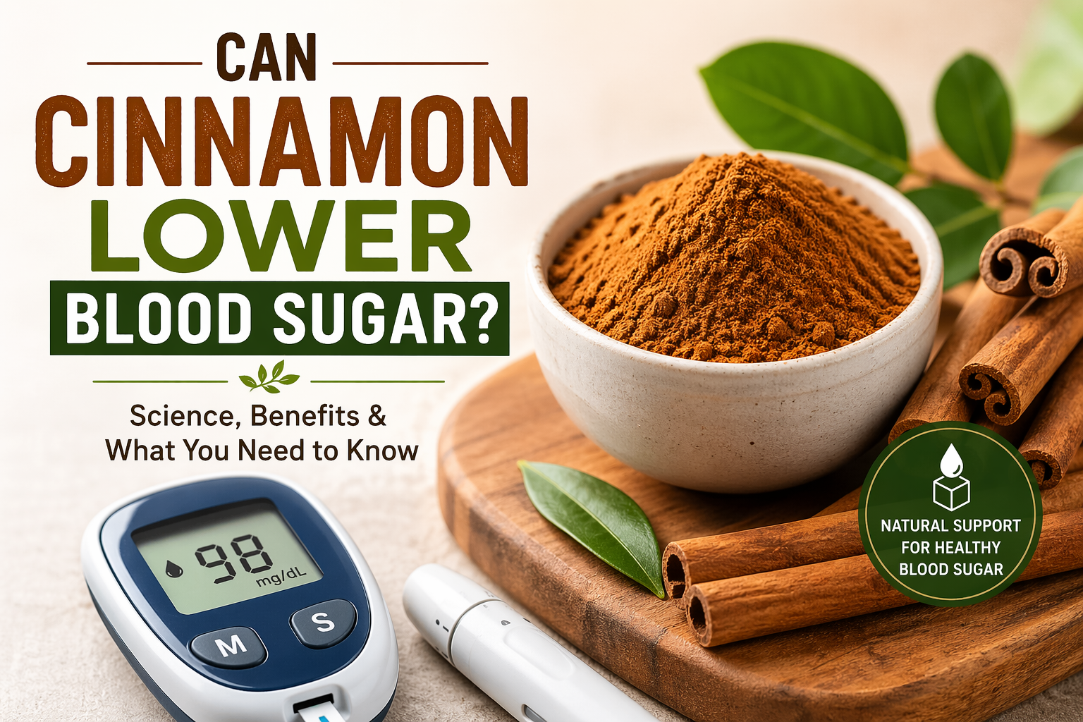 Bowl of ground cinnamon and cinnamon sticks beside a digital glucose meter, illustrating the potential link between cinnamon and blood sugar control.