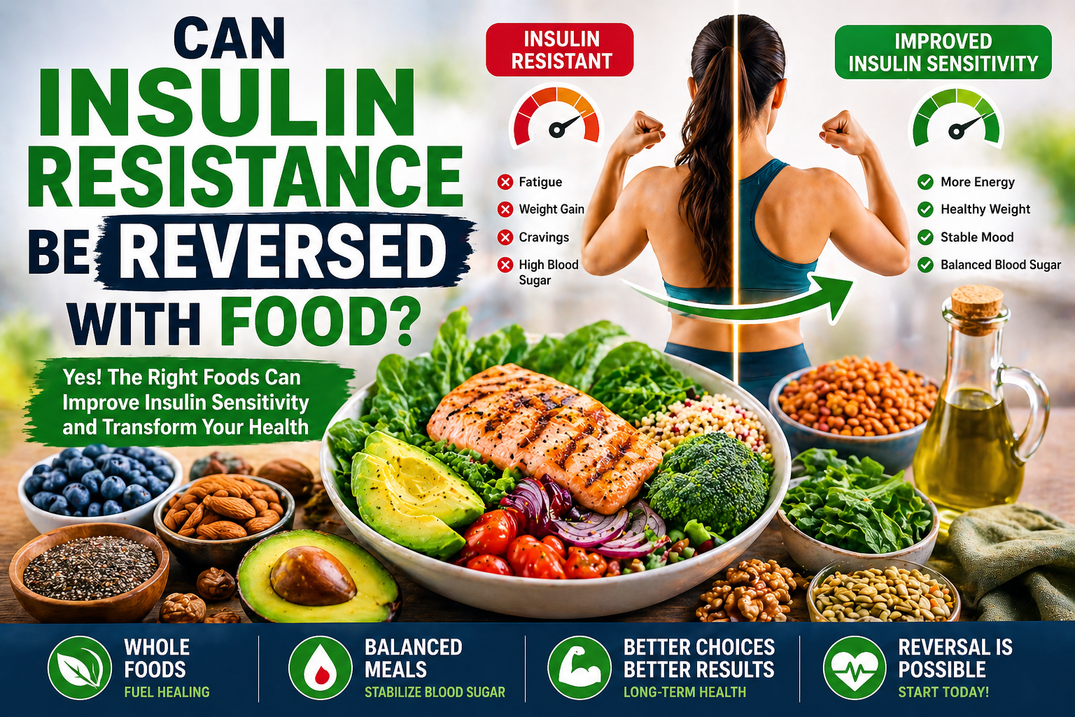 Healthy whole foods shown as a natural way to reverse insulin resistance and improve insulin sensitivity through diet