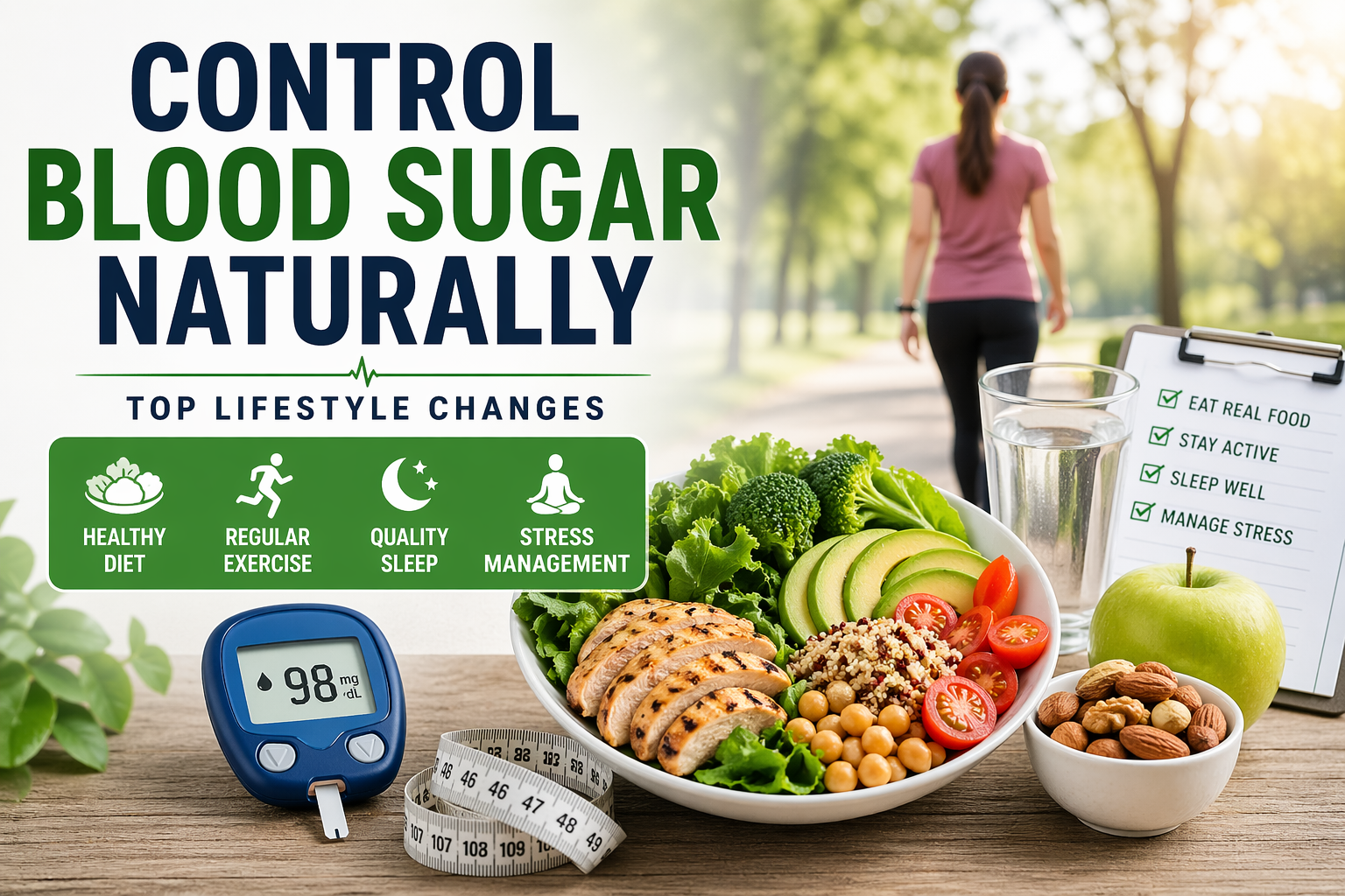 Control blood sugar naturally with healthy diet, exercise, sleep, and stress management lifestyle habits