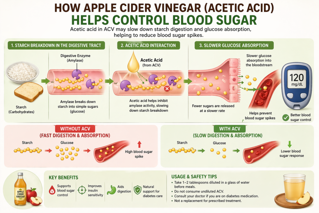 Diagram showing acetic acid from apple cider vinegar slowing carbohydrate digestion and glucose absorption for improved insulin sensitivity