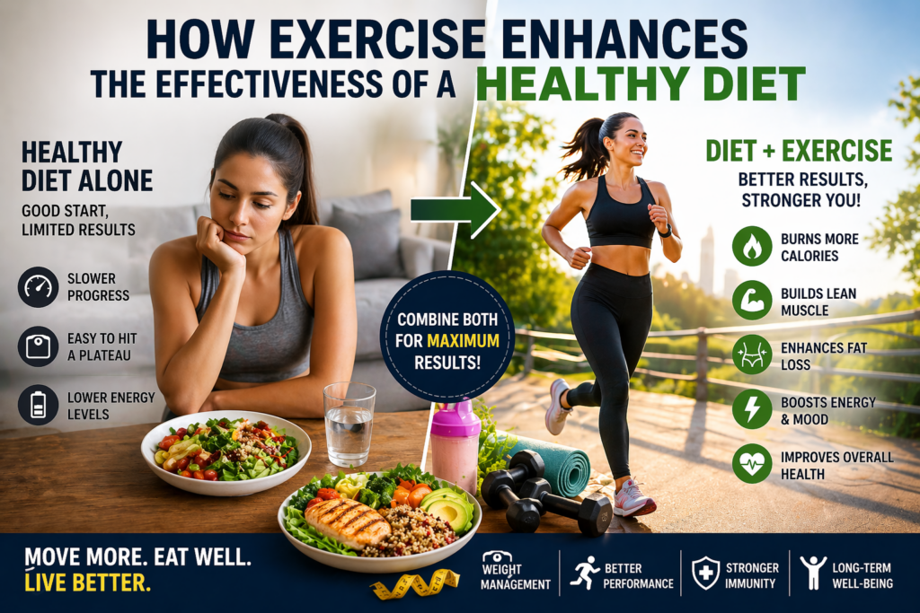 Split image comparing healthy diet alone versus diet combined with exercise, showing improved results, energy, and fitness benefits