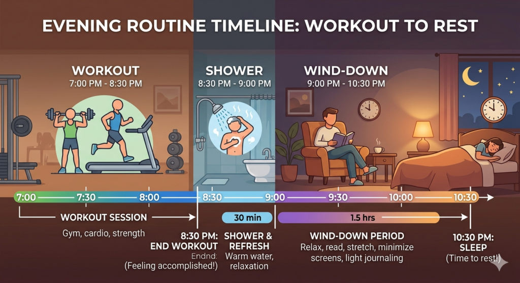 An illustrated horizontal timeline titled "Evening Routine Timeline." It shows a workout ending at 8:30 PM, a 30-minute shower and refresh period, and a 90-minute wind-down period including reading and stretching, culminating in sleep at 10:30 PM.