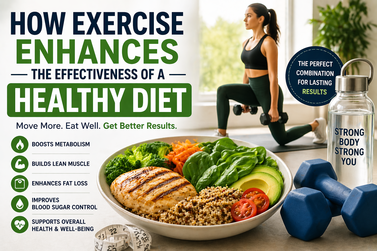 Woman doing a lunge exercise with healthy meal and fitness equipment illustrating how exercise enhances the effectiveness of a healthy diet