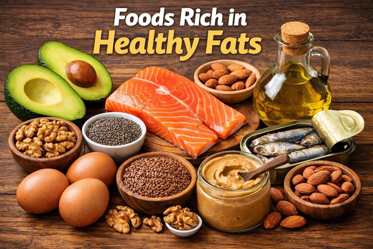 Healthy fats foods including avocado, salmon, walnuts, chia seeds, olive oil, almonds, flaxseeds, sardines, peanut butter, and eggs
