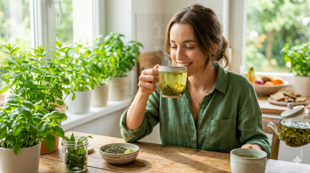 A smiling woman in a green shirt sitting at a sunlit wooden table, holding a steaming glass mug of green tea. The scene includes fresh mint plants in pots and a small bowl of loose tea leaves, evoking a healthy and natural atmosphere.
