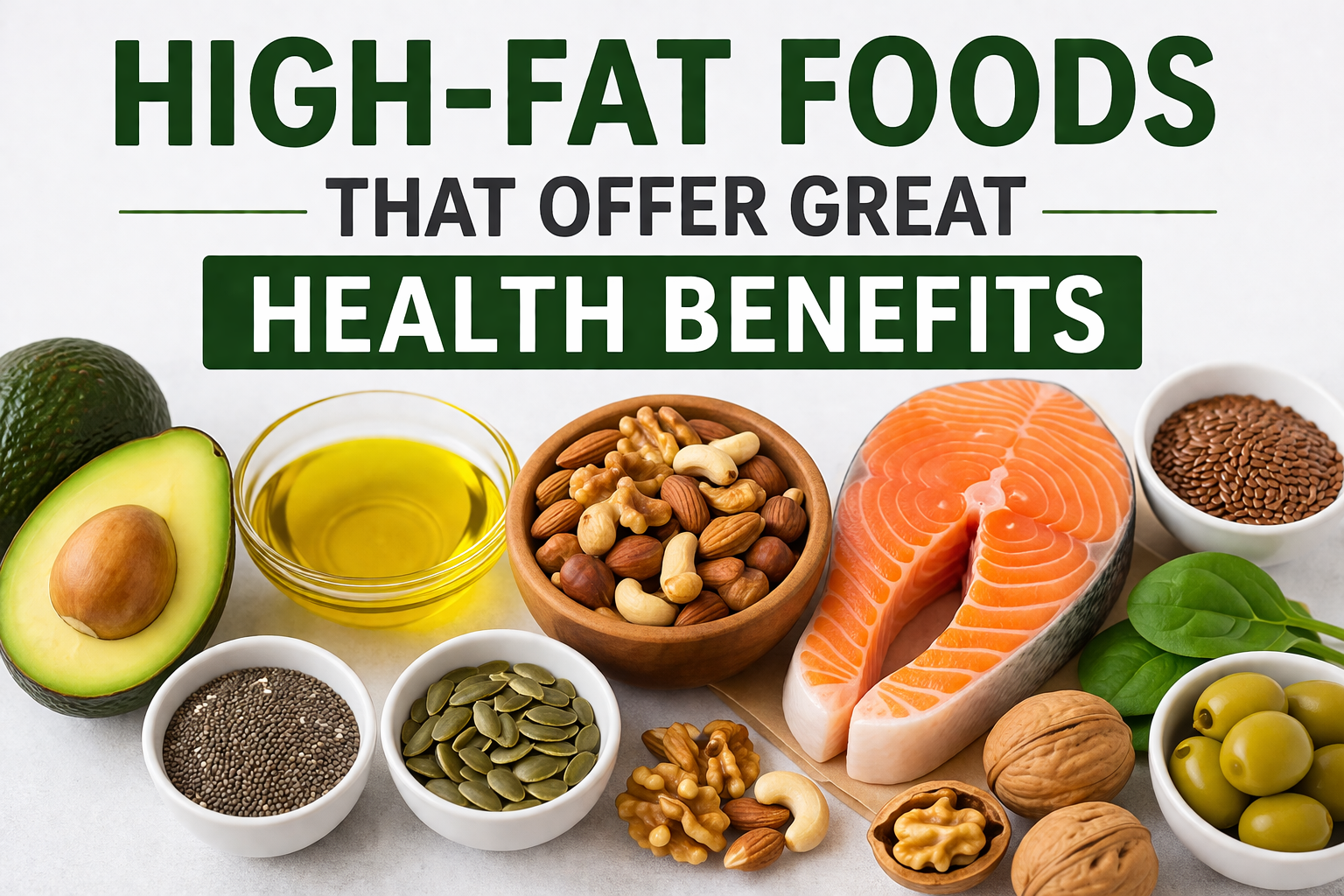 Healthy high-fat foods like avocado, salmon, nuts, seeds, olive oil, and dark chocolate arranged to show their health benefits