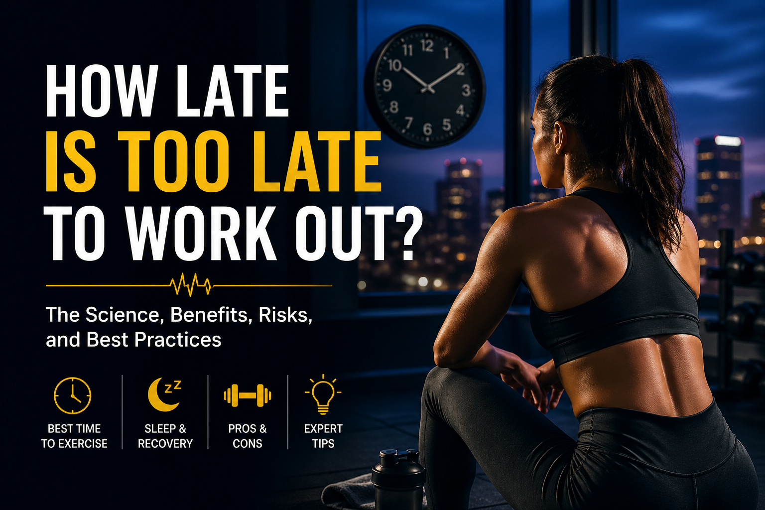 Woman sitting in a gym at night looking at city lights with text “How Late Is Too Late to Work Out?” highlighting evening workout and sleep impact