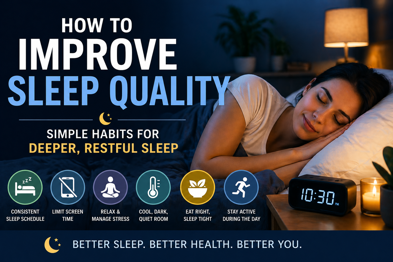 Peaceful bedroom at night with a person sleeping comfortably, soft lighting, and text “How to Improve Sleep Quality” representing healthy sleep habits