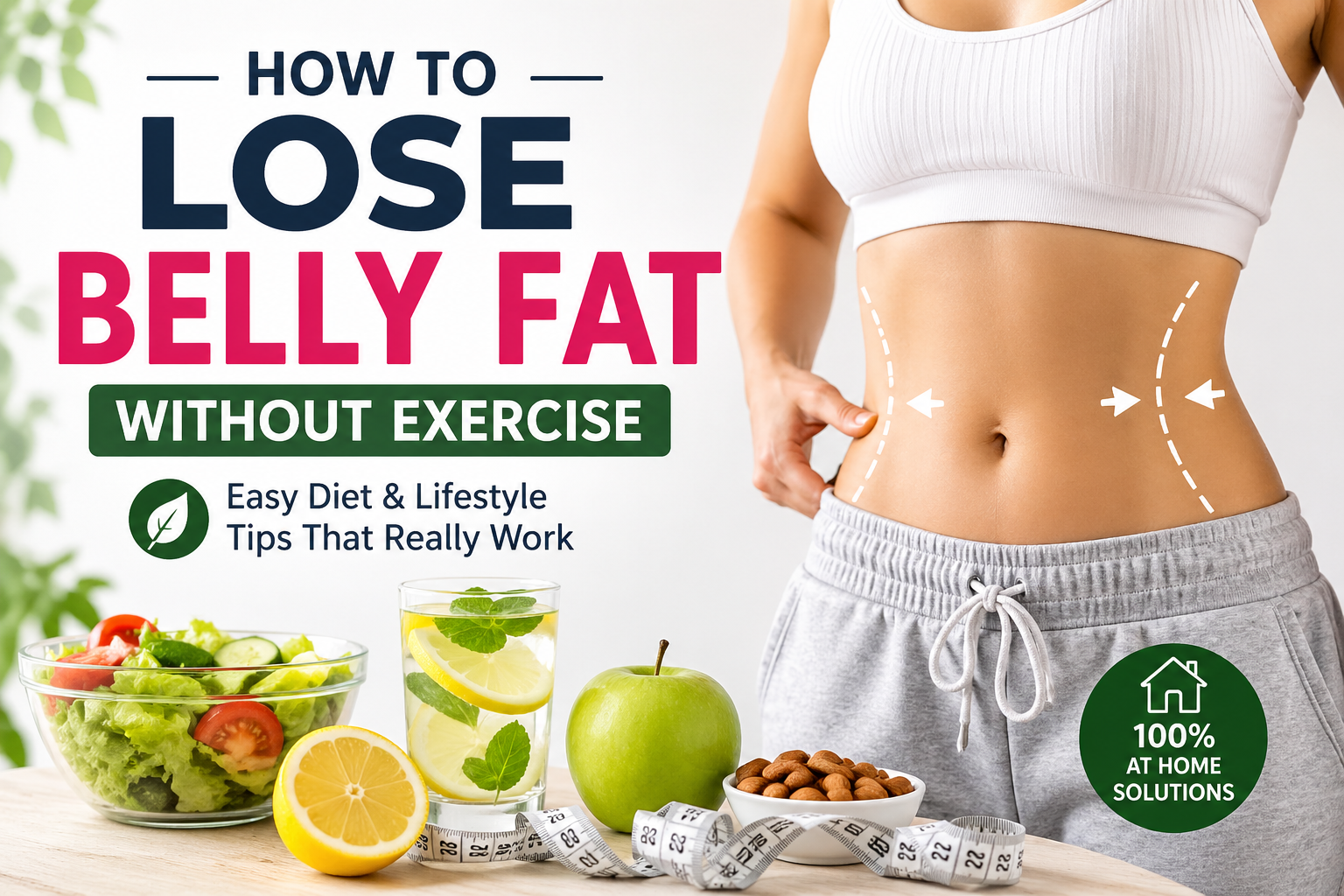 Woman showing flat stomach with healthy foods illustrating how to lose belly fat without exercise naturally at home