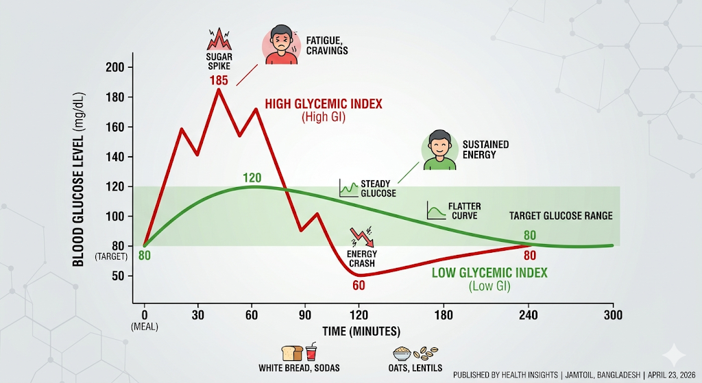 Graph showing the difference in blood sugar response between high glycemic and low glycemic foods.
