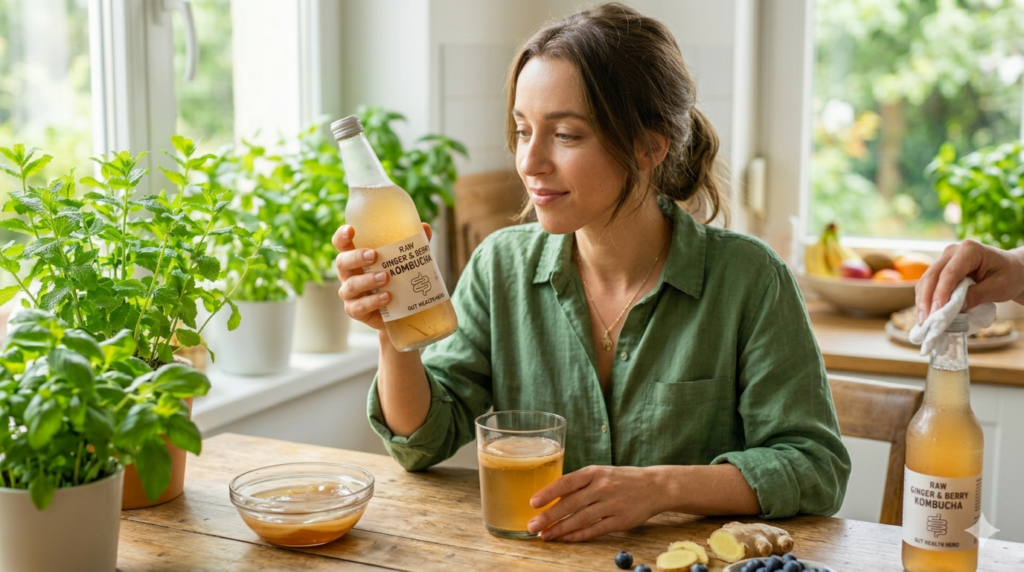A woman in a green shirt sitting at a wooden table, examining a bottle of raw ginger and berry kombucha. A glass of the fermented drink and fresh ginger slices are on the table, surrounded by bright indoor plants