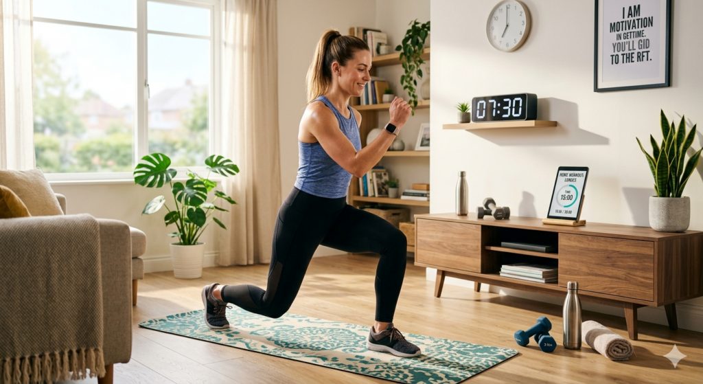 A woman in activewear performs a deep lunge on a teal-patterned mat in a modern living room. Bright natural light filters through the window. Behind her on a shelf is a digital clock displaying 07:30. A tablet on the console table shows a workout interface. Dumbbells and a water bottle are on the floor.