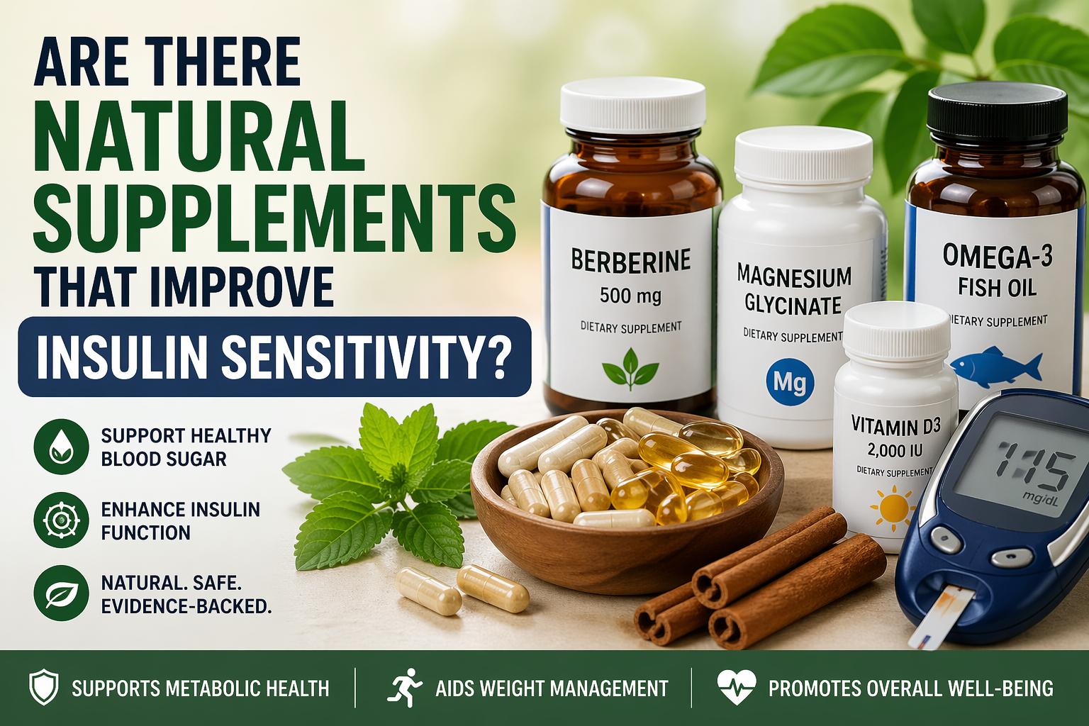 Natural supplements like berberine, magnesium, omega-3, and vitamin D shown for improving insulin sensitivity and supporting healthy blood sugar