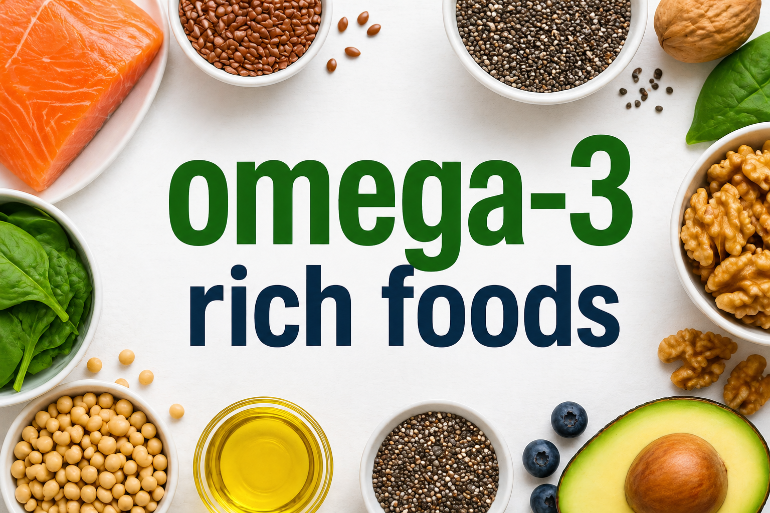 omega-3 rich foods including salmon, chia seeds, walnuts, avocado, and spinach on white background
