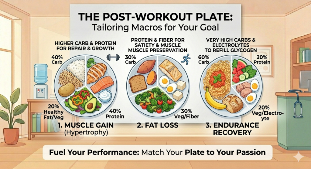 An infographic titled "The Post-Workout Plate" showing three nutritional plate ratios for different goals. Muscle Gain: 40% carbs, 40% protein, 20% veg. Fat Loss: 30% carbs, 40% protein, 30% fiber-rich veg. Endurance Recovery: 60% carbs, 20% protein, 20% electrolytes and veg.