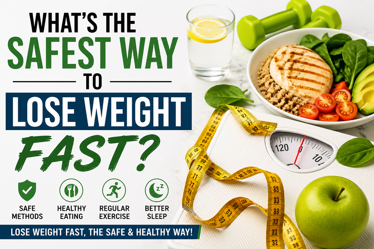 Safest way to lose weight fast concept with healthy food, scale, measuring tape, and fitness equipment