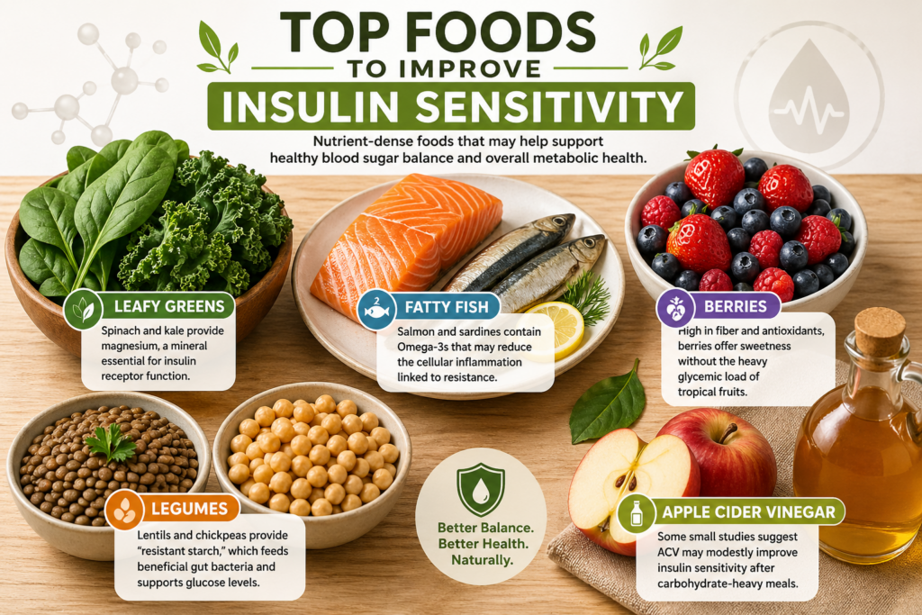 Top foods to improve insulin sensitivity including spinach, kale, salmon, sardines, berries, lentils, chickpeas, and apple cider vinegar arranged on a table