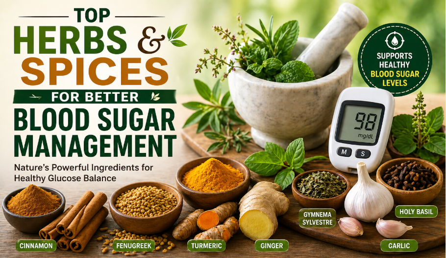 Cinnamon, fenugreek, turmeric, ginger, garlic, and holy basil displayed as top herbs and spices for better blood sugar management