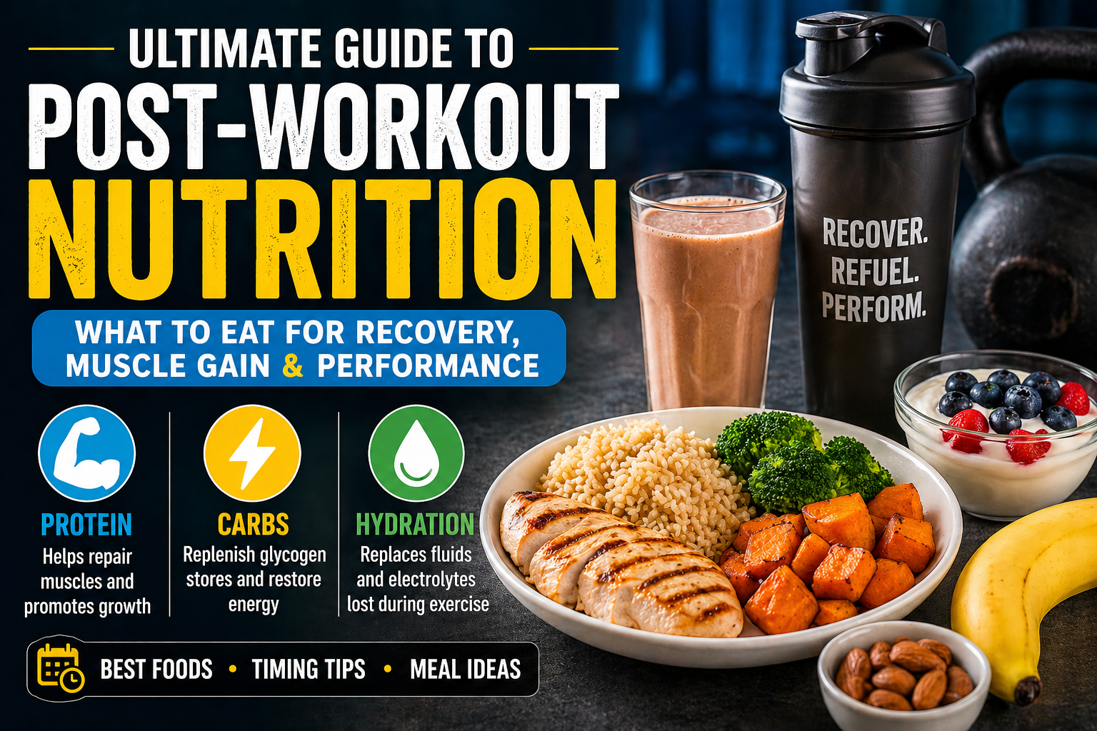 Featured image showing ultimate guide to post-workout nutrition with protein, carbs, hydration, and recovery meal foods