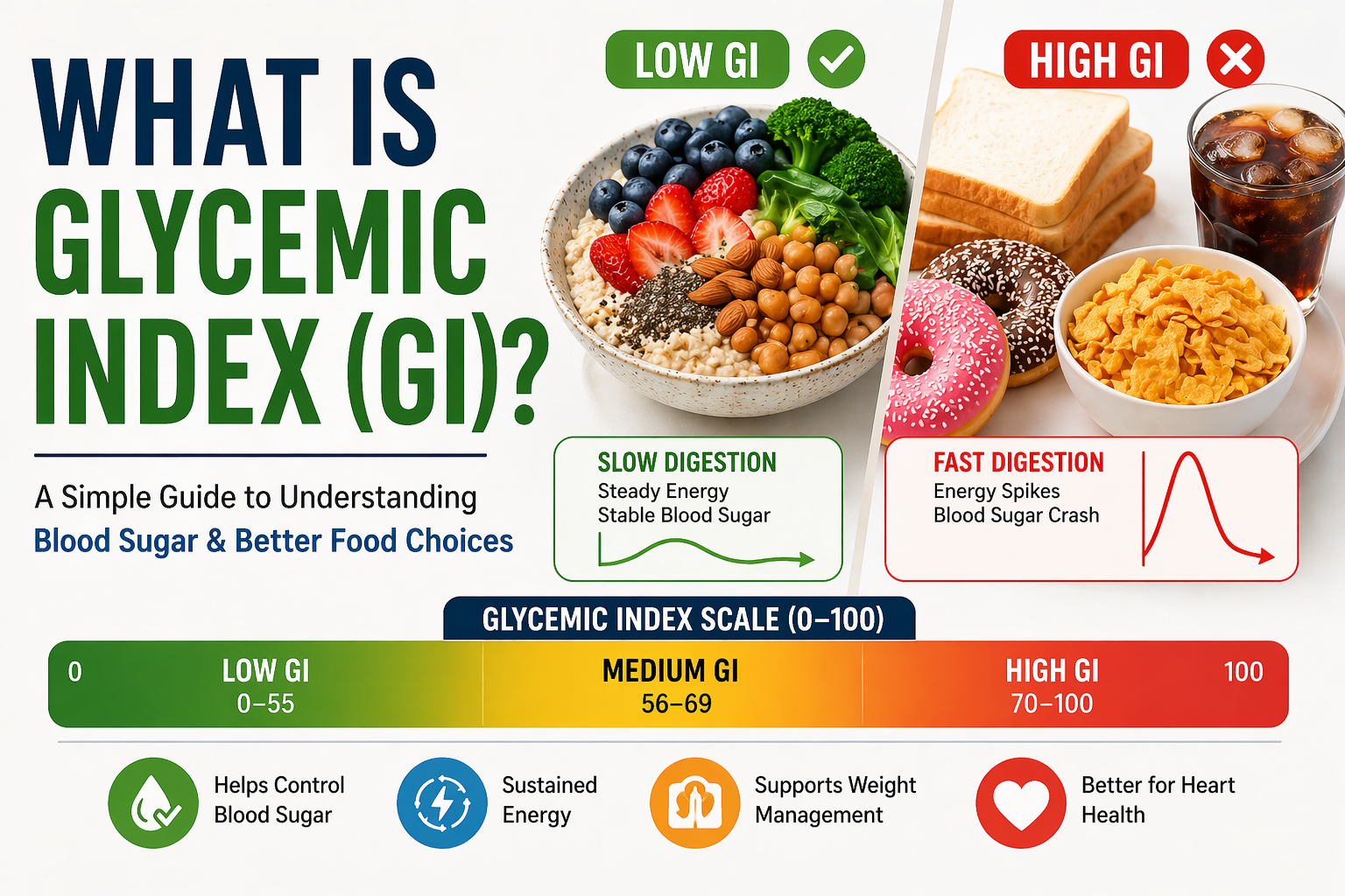 What is glycemic index chart with low medium high GI foods and blood sugar impact comparison