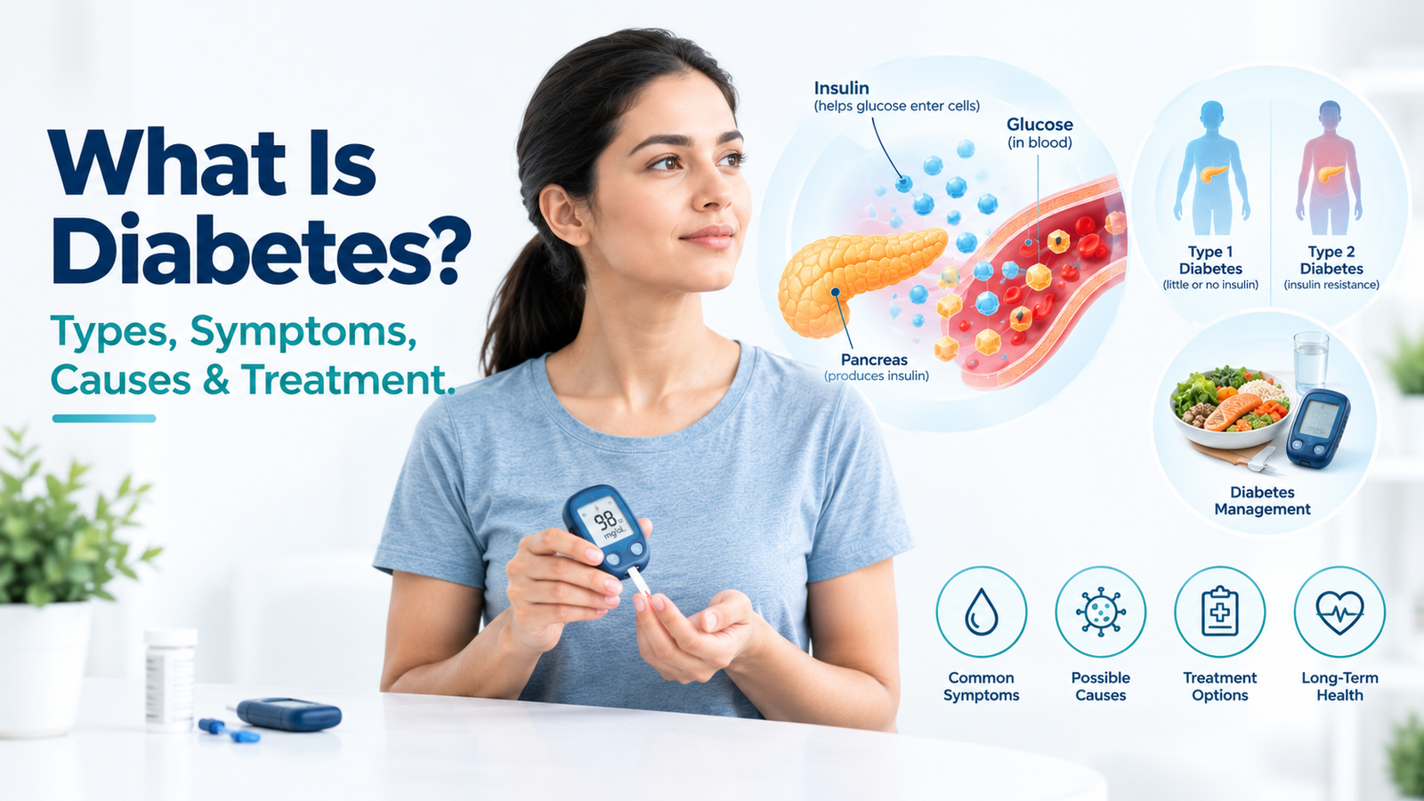 What is diabetes illustration showing a woman checking blood glucose, with visuals of insulin, glucose, pancreas, Type 1 and Type 2 diabetes, and diabetes management.