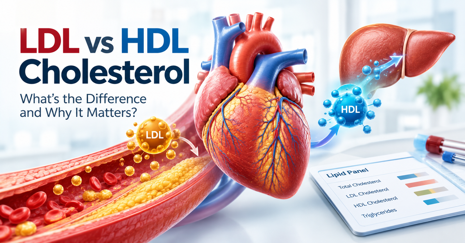 LDL vs HDL cholesterol illustration showing an anatomical heart, artery plaque, LDL and HDL cholesterol particles, liver, and lipid panel.