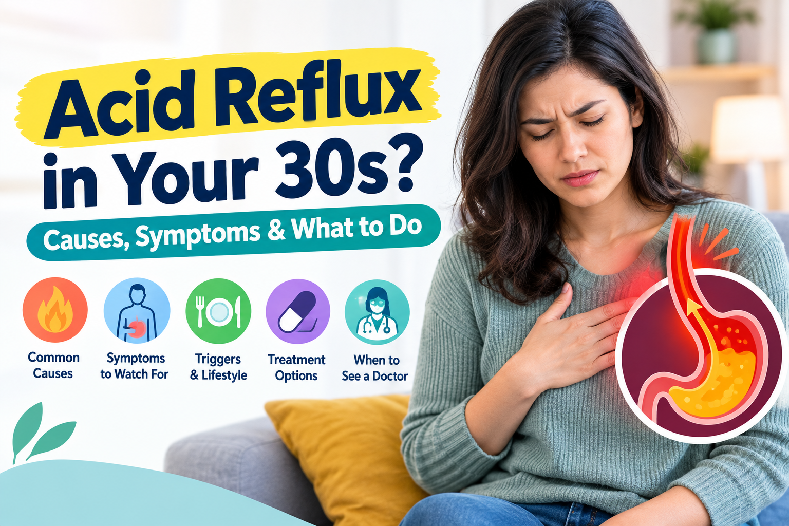 Infographic about acid reflux in your 30s, showing common symptoms, triggers, treatments, and when to see a doctor.