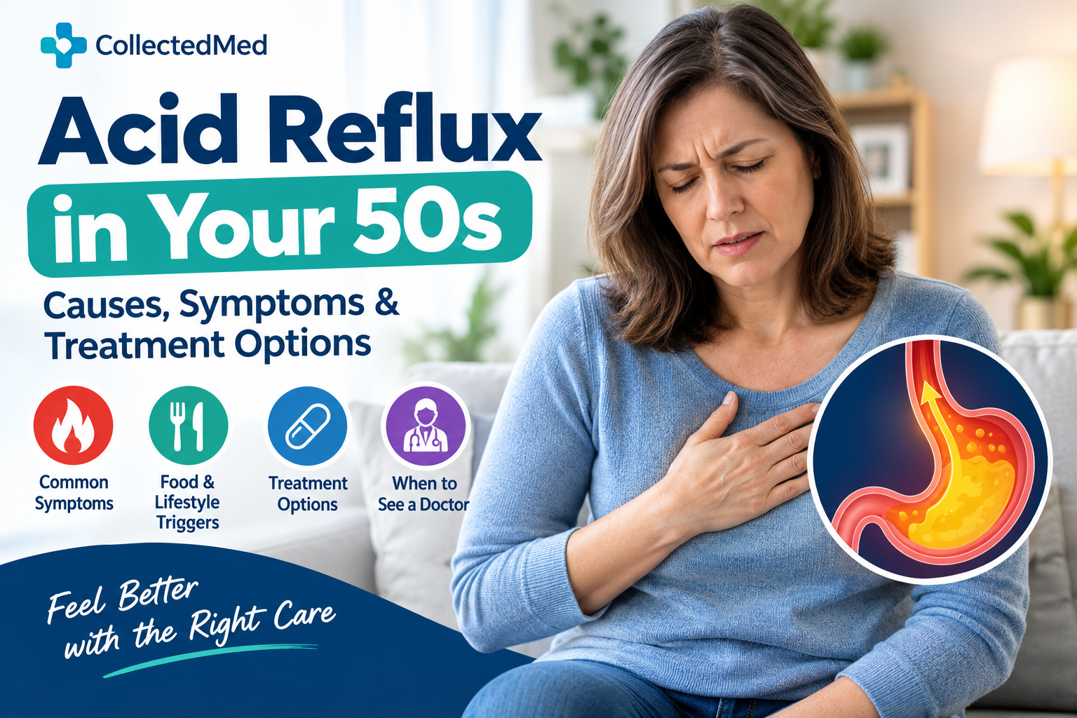 Acid reflux in your 50s infographic showing symptoms, triggers, treatment options, and when to see a doctor.