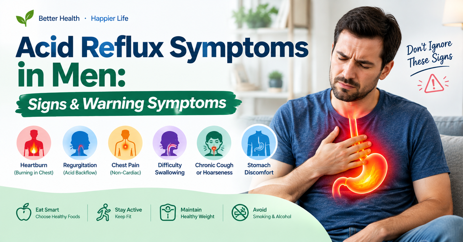 Acid reflux symptoms in men including heartburn, regurgitation, chest discomfort, cough, and throat irritation.