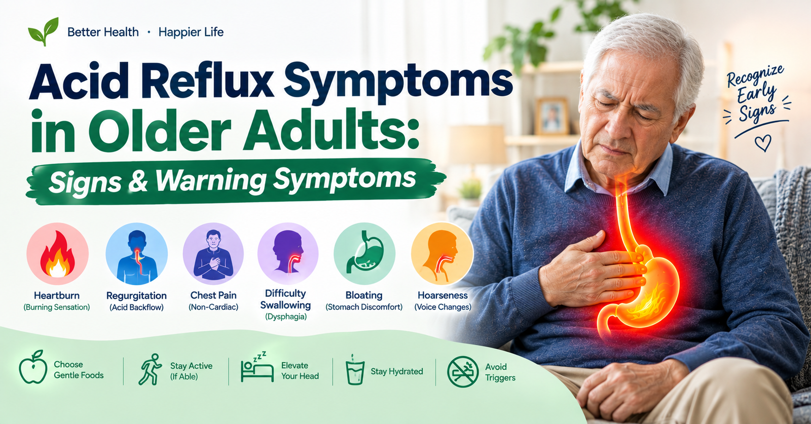 Acid reflux symptoms in older adults including heartburn, regurgitation, chest discomfort, and swallowing problems.
