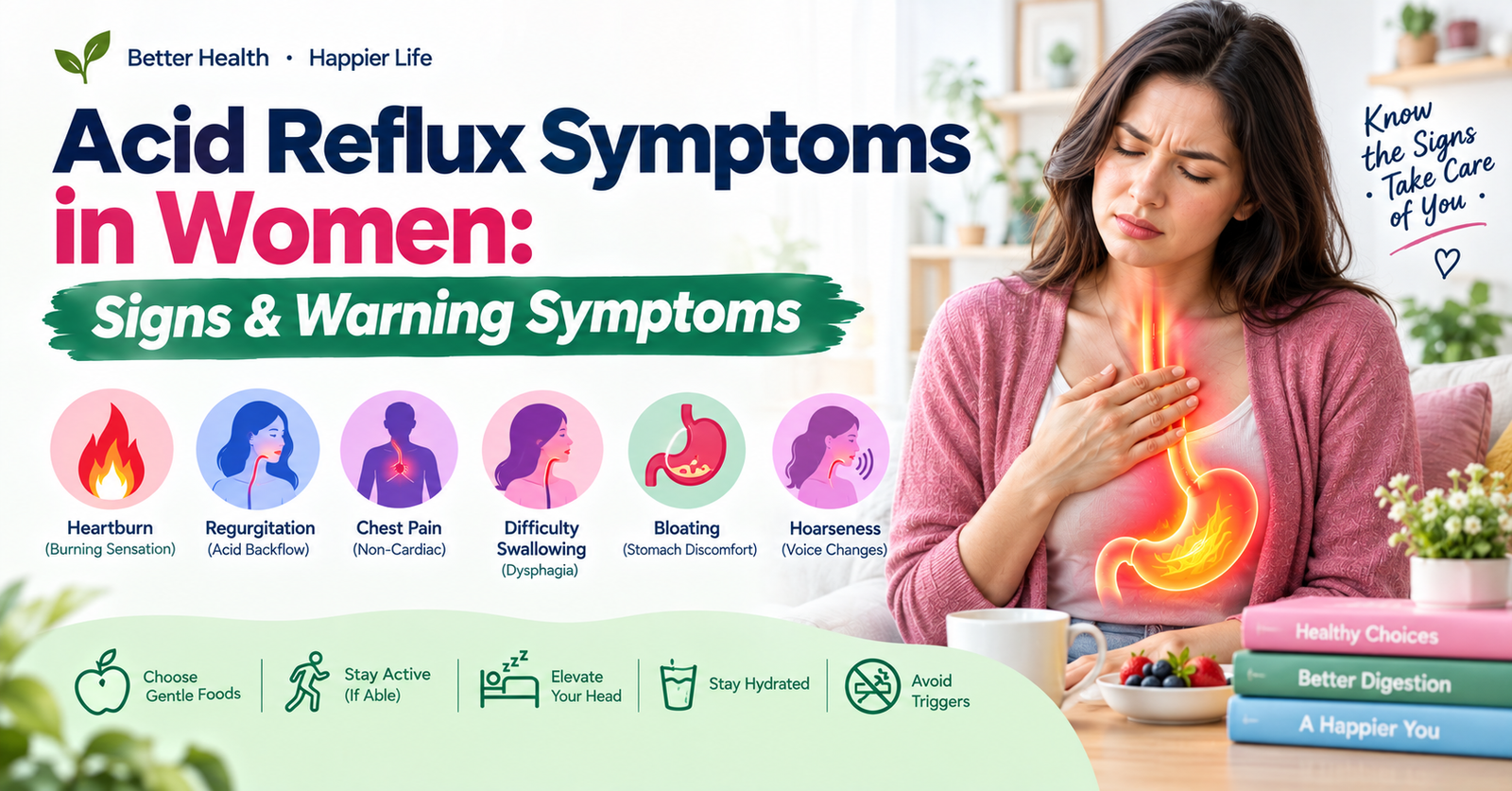 Acid reflux symptoms in women including heartburn, regurgitation, nausea, chest discomfort, and swallowing problems.