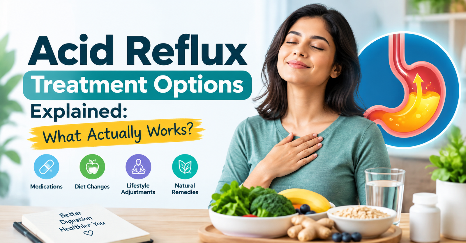 Acid reflux treatment options including lifestyle changes, antacids, PPIs, and medical procedures.