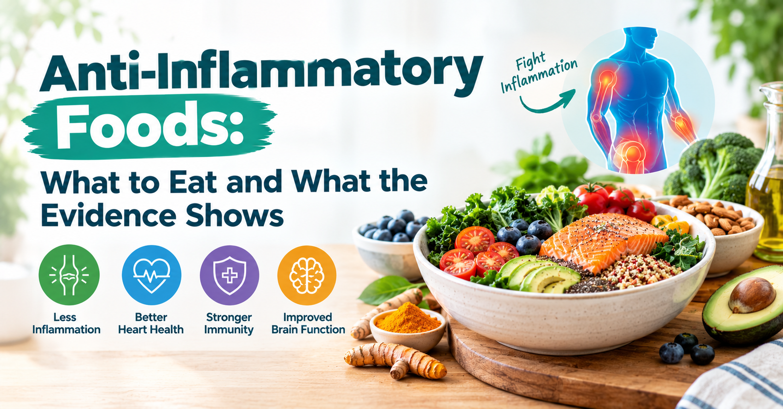 Anti-inflammatory foods infographic featuring salmon, leafy greens, berries, avocado, nuts, seeds, turmeric, and olive oil.