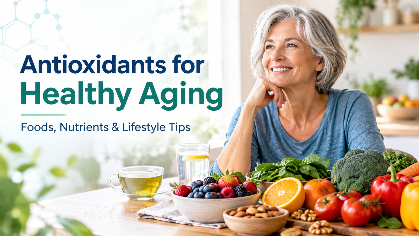 Older adult with antioxidant-rich foods including berries, leafy greens, tomatoes, citrus, and nuts